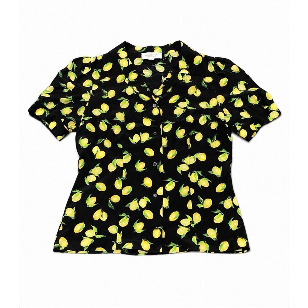 Michael Kors Collection Sz 10 Lemon Print Button Blouse Silk Italian Euro Summer